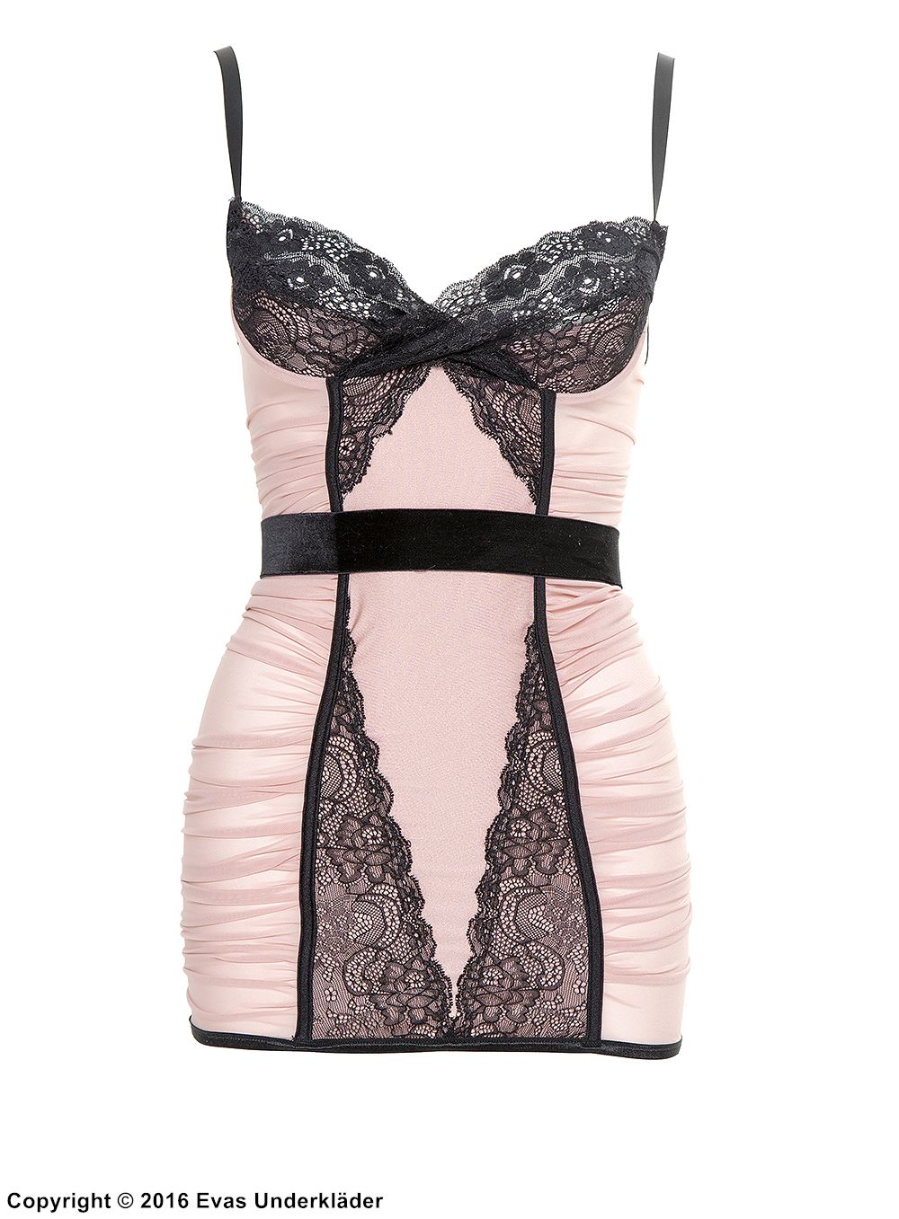 Skin-tight chemise, lace, wrinkled mesh, peek-a-boo cups